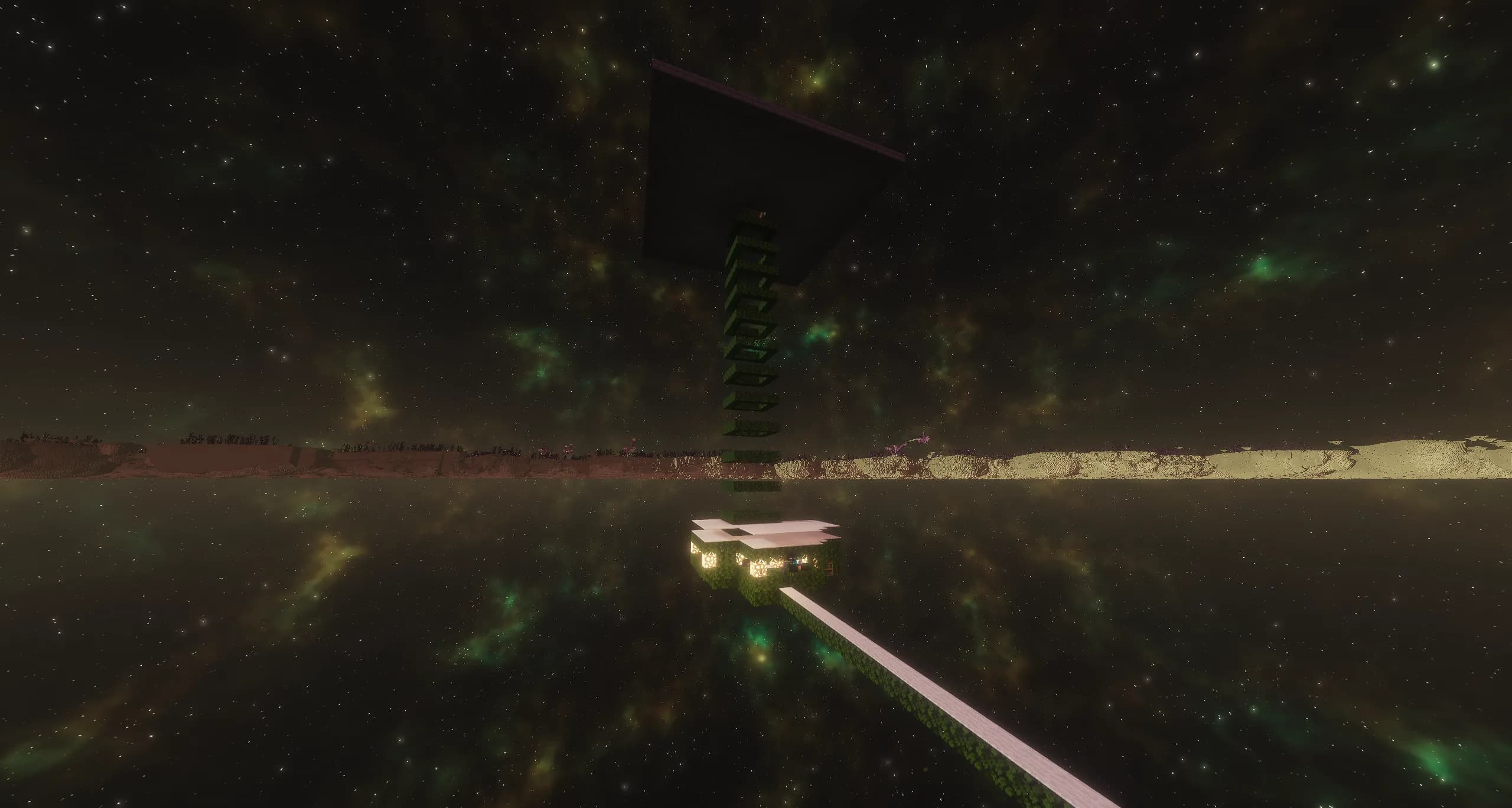 The shared enderman farm in the End: a lit platform at the end of a long walkway, with a tall drop shaft rising above it, against a starry green sky.