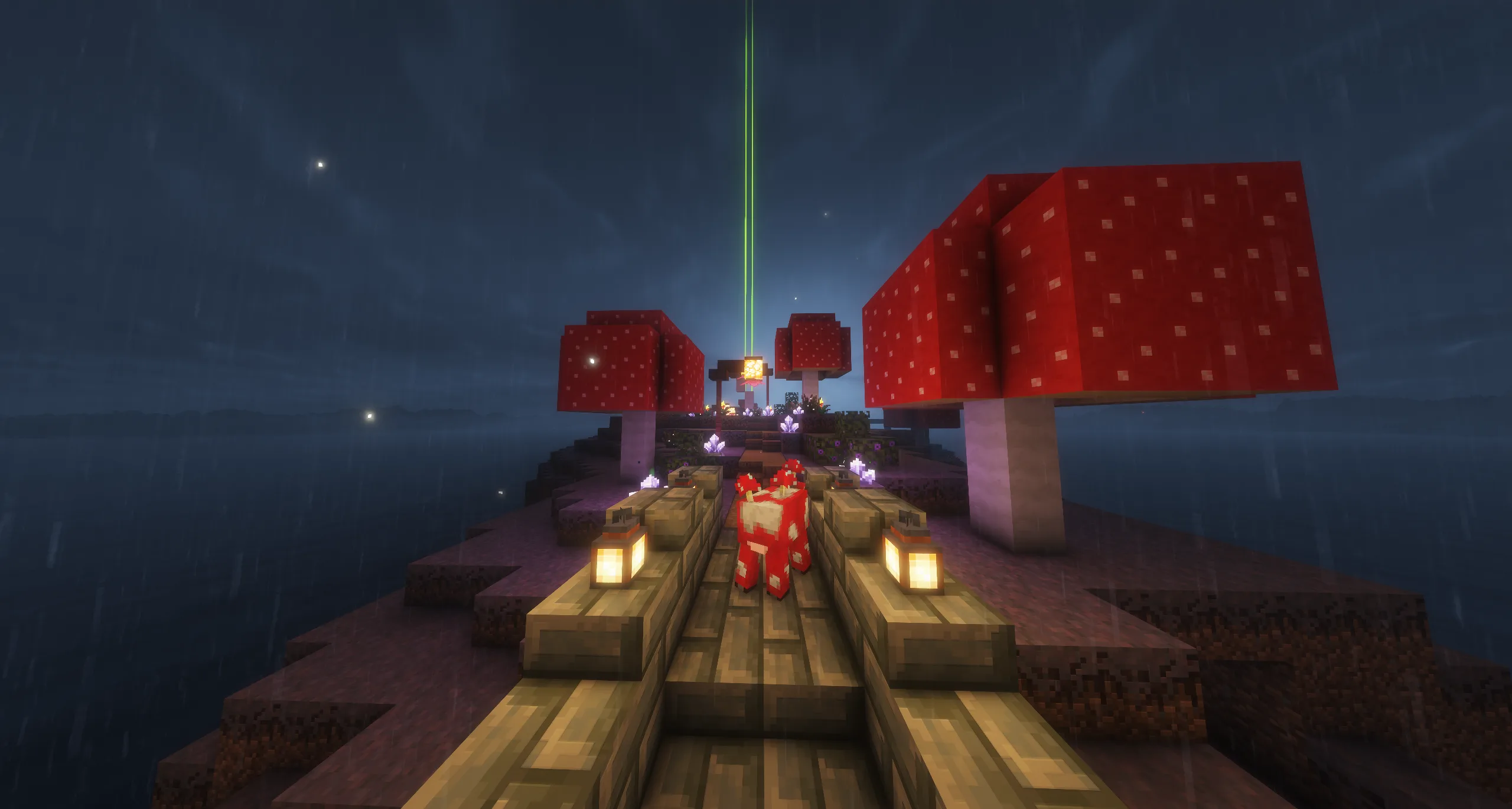 A wooden path lit by lanterns, with a mooshroom walking along it towards giant red mushrooms and a beacon, on a rainy night.