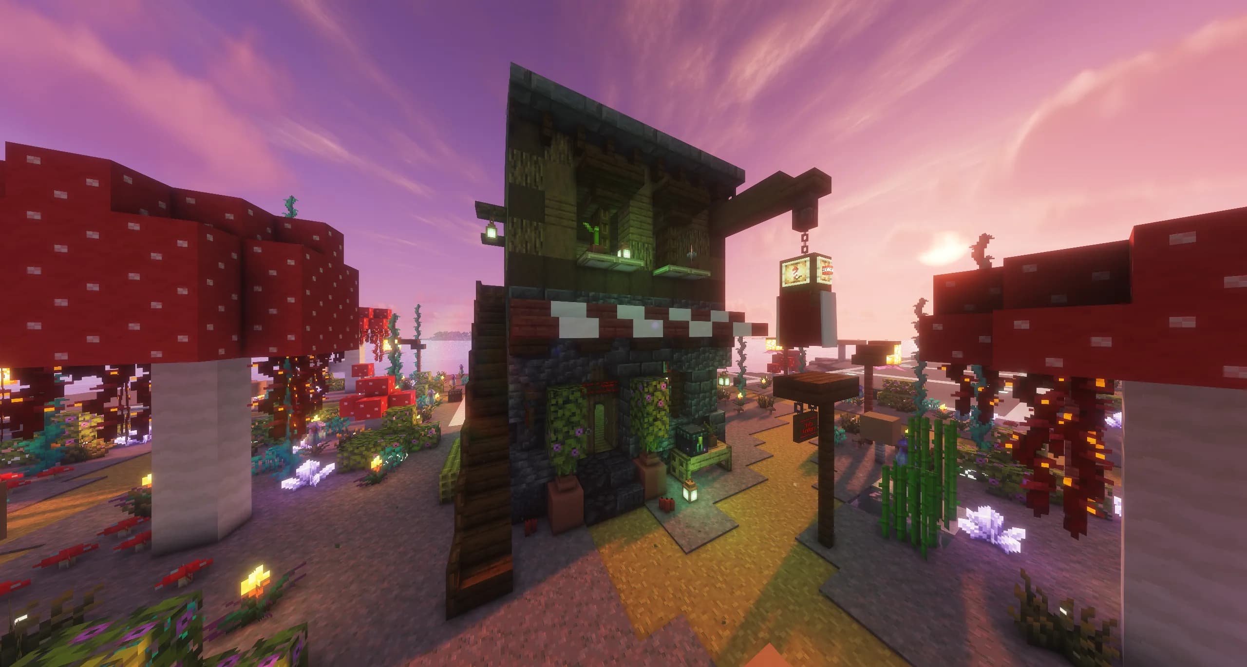 A tall, narrow shop of dark stone and timber with a striped awning and a hanging sign, between giant red mushrooms under a pink evening sky.