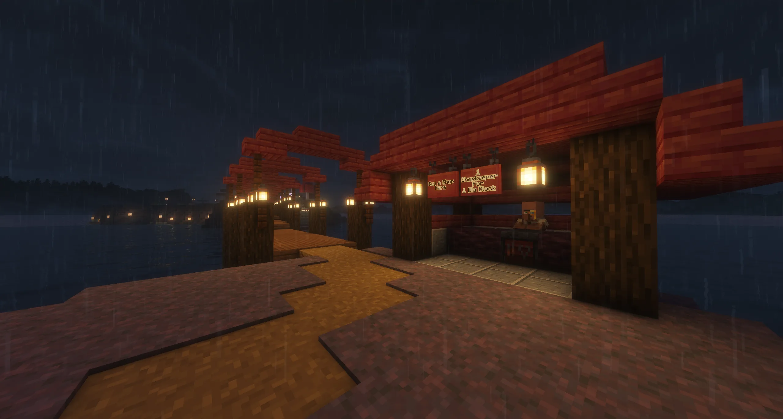 A red-roofed stall on a rainy night, where a villager sells shopkeepers for a diamond block, beside a lantern-lit bridge.